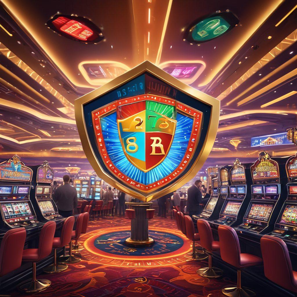 A visually striking illustration of a bustling casino floor, filled with vibrant gaming machines and enthusiastic players. Showcase a giant, protective shield over the casino, symbolizing insurance coverage, with icons representing various types of games and insurance policies around it. Include a subtle overlay of numbers and digital symbols to signify security and protection. The atmosphere should be lively and colorful. super-realistic. vibrant colors. 3D.